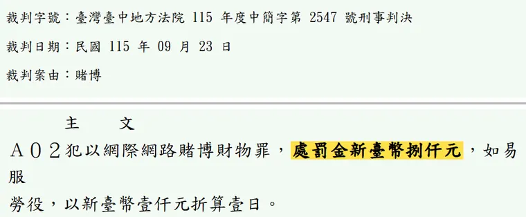 臺灣臺中地方法院115年度中簡字第2547號刑事判決 原文截圖（被告姓名已遮）