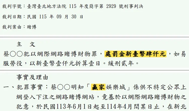 臺灣臺北地方法院115年度簡字第2929號刑事判決 原文截圖（被告姓名已遮）