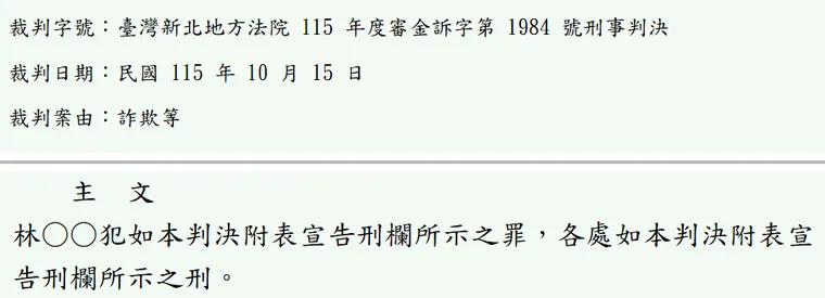 臺灣新北地方法院115年度審金訴字第1984號刑事判決 原文截圖（被告姓名已遮）