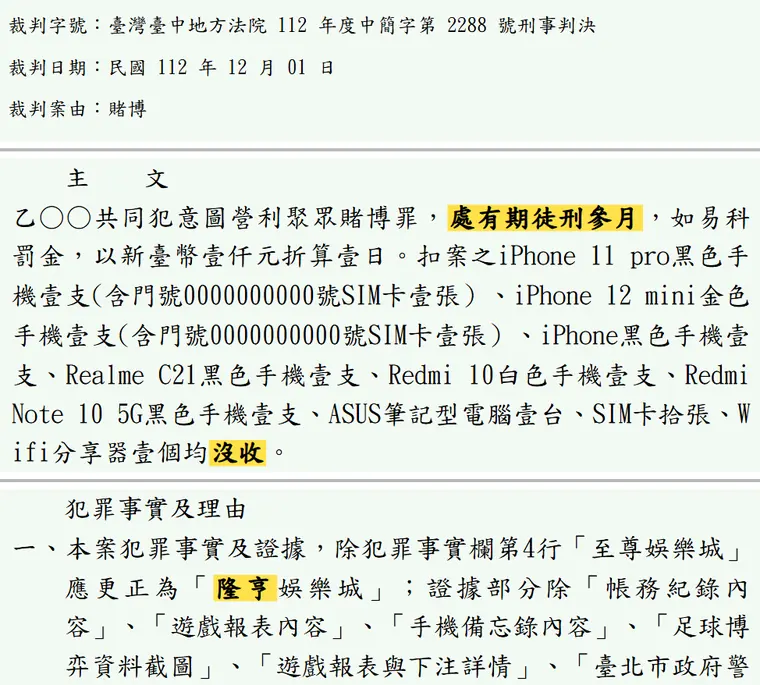 臺灣臺中地方法院112年度中簡字第2288號刑事判決 原文截圖（被告姓名已遮）