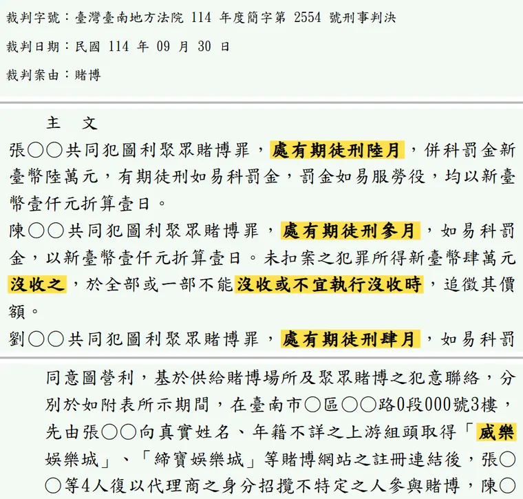 臺灣臺南地方法院114年度簡字第2554號刑事判決 原文截圖（被告姓名已遮）