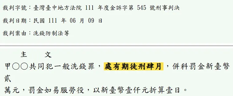 臺灣臺中地方法院111年度金訴字第545號刑事判決 原文截圖（被告姓名已遮）