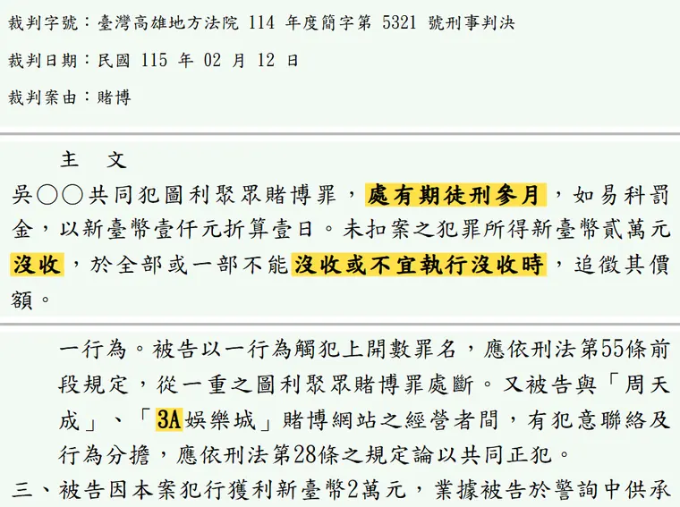 臺灣高雄地方法院114年度簡字第5321號刑事判決 原文截圖（被告姓名已遮）