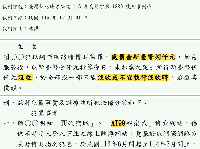 臺灣新北地方法院115年度簡字第1889號刑事判決 原文截圖(被告姓名已遮)