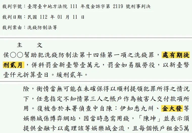 臺灣臺中地方法院111年度金訴字第2119號刑事判決 原文截圖(被告姓名已遮)