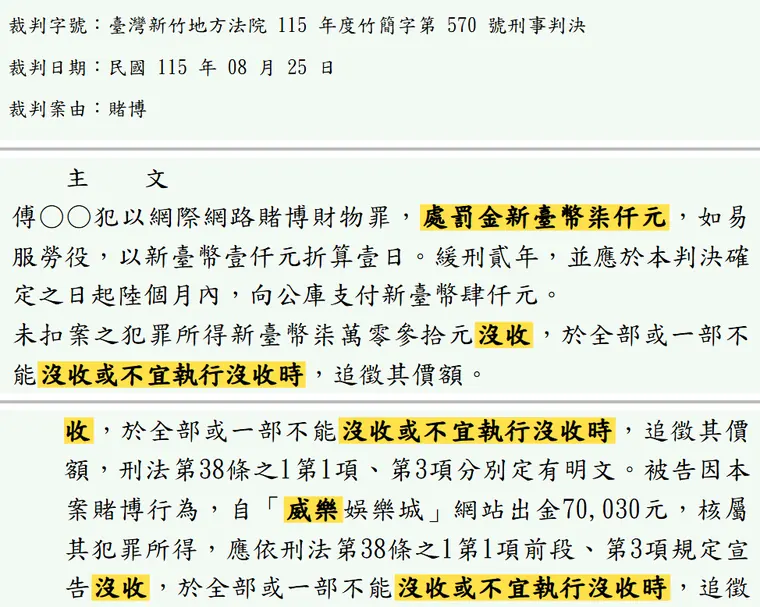 臺灣新竹地方法院115年度竹簡字第570號刑事判決 原文截圖（被告姓名已遮）