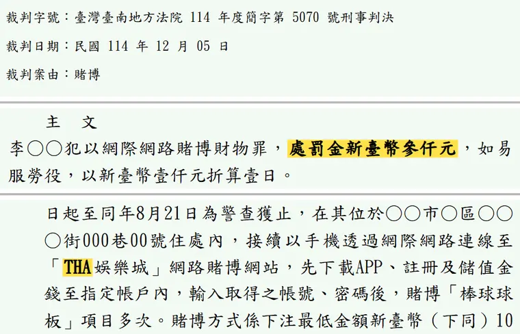 臺灣臺南地方法院114年度簡字第5070號刑事判決 原文截圖（被告姓名已遮）