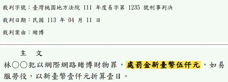 臺灣桃園地方法院111年度易字第1235號刑事判決 原文截圖(被告姓名已遮)