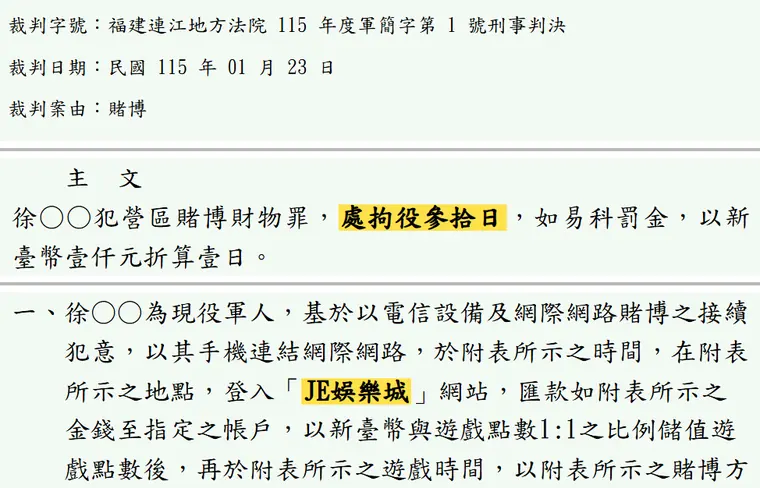 福建連江地方法院115年度軍簡字第1號刑事判決 原文截圖(被告姓名已遮)