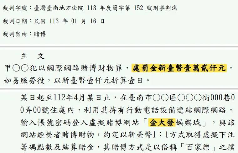 臺灣臺南地方法院113年度簡字第152號刑事判決 原文截圖(被告姓名已遮)