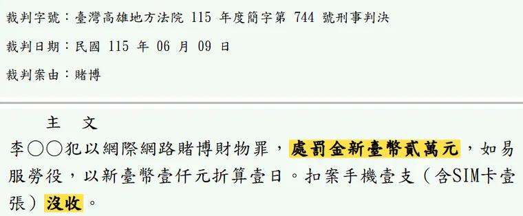 臺灣高雄地方法院115年度簡字第744號刑事判決 原文截圖(被告姓名已遮)