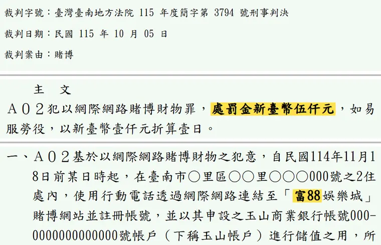 臺灣臺南地方法院115年度簡字第3794號刑事判決 原文截圖（被告姓名已遮）