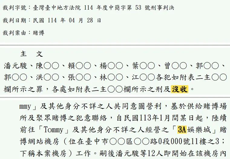 臺灣臺中地方法院114年度中簡字第53號刑事判決 原文截圖（被告姓名已遮）
