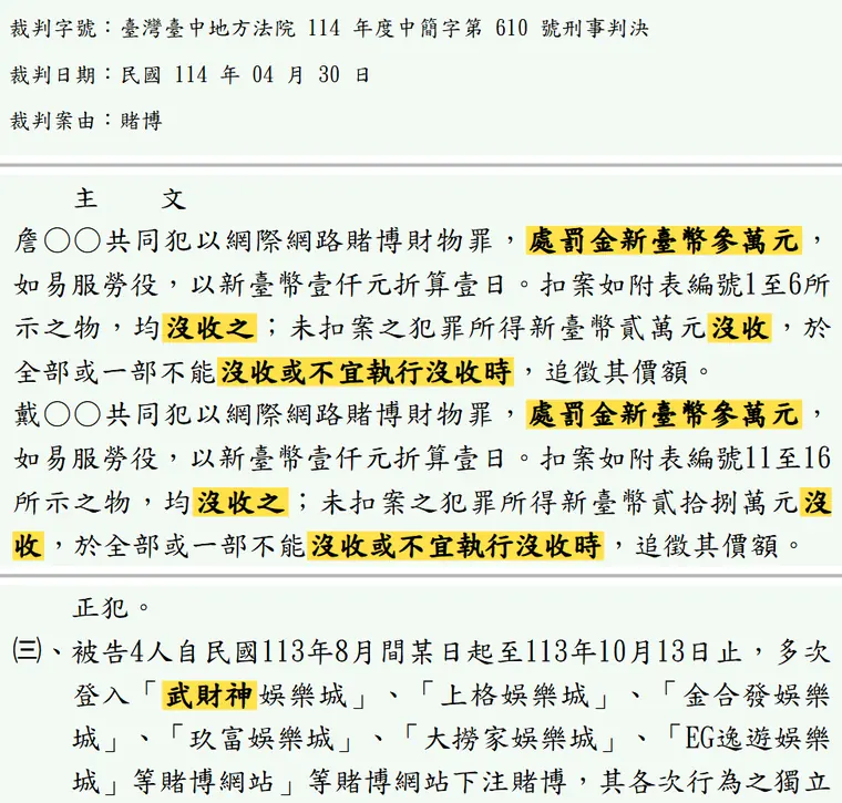 臺灣臺中地方法院114年度中簡字第610號刑事判決 原文截圖（被告姓名已遮）