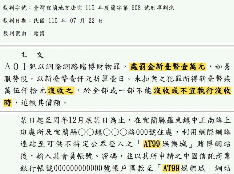 臺灣宜蘭地方法院115年度簡字第608號刑事判決 原文截圖(被告姓名已遮)