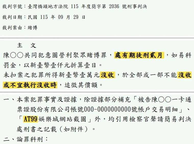 臺灣橋頭地方法院115年度簡字第2036號刑事判決 原文截圖(被告姓名已遮)