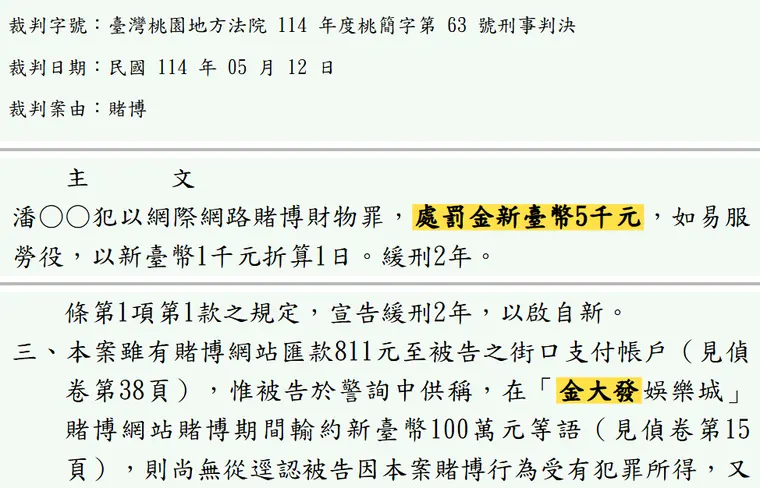 臺灣桃園地方法院114年度桃簡字第63號刑事判決 原文截圖(被告姓名已遮)