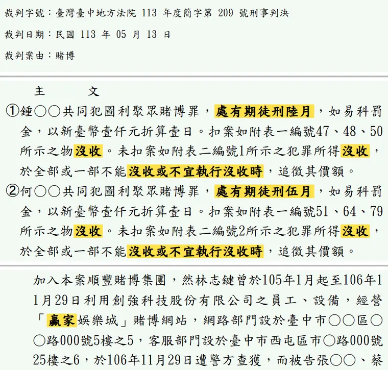臺灣臺中地方法院113年度簡字第209號刑事判決 原文截圖（被告姓名已遮）