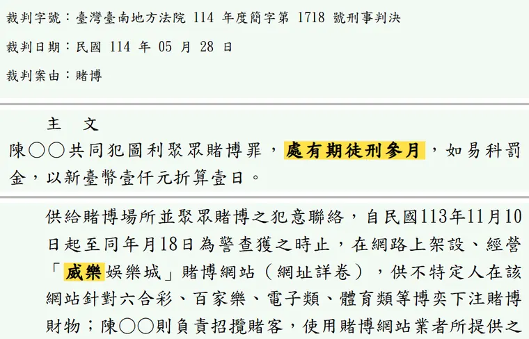 臺灣臺南地方法院114年度簡字第1718號刑事判決 原文截圖（被告姓名已遮）