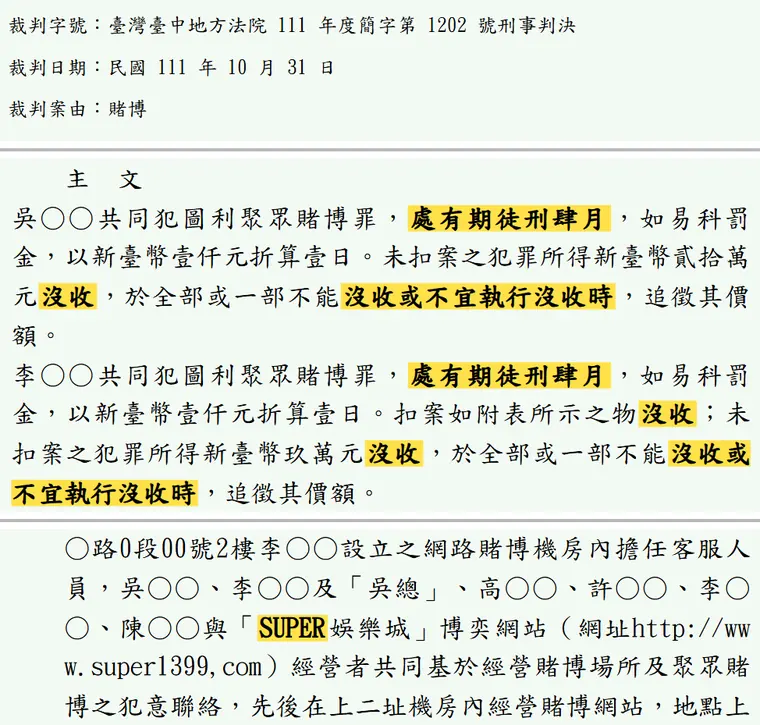 臺灣臺中地方法院111年度簡字第1202號刑事判決 原文截圖(被告姓名已遮)