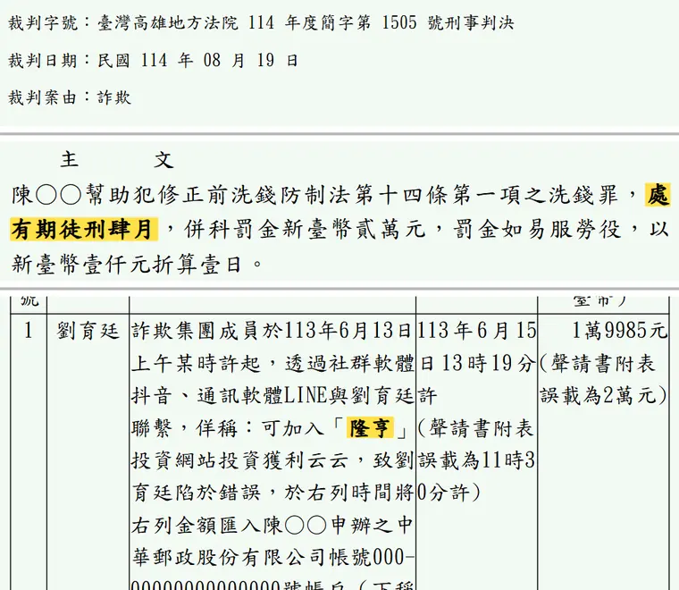 臺灣高雄地方法院114年度簡字第1505號刑事判決 原文截圖（被告姓名已遮）