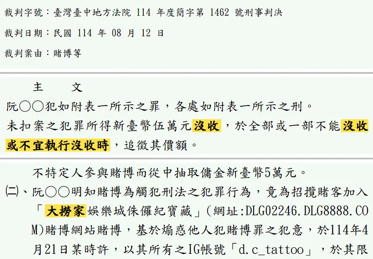 臺灣臺中地方法院114年度簡字第1462號刑事判決 原文截圖（被告姓名已遮）