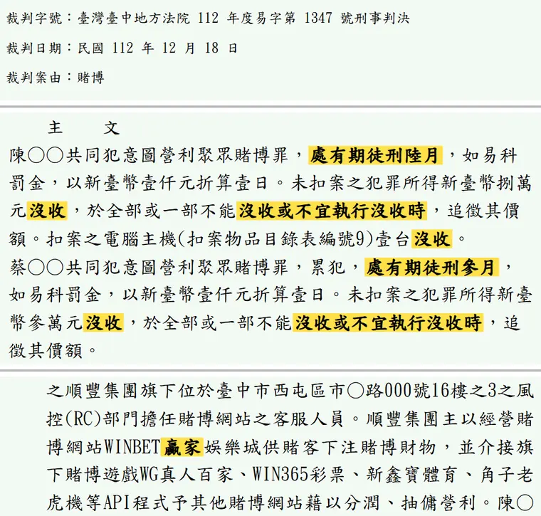 臺灣臺中地方法院112年度易字第1347號刑事判決 原文截圖（被告姓名已遮）