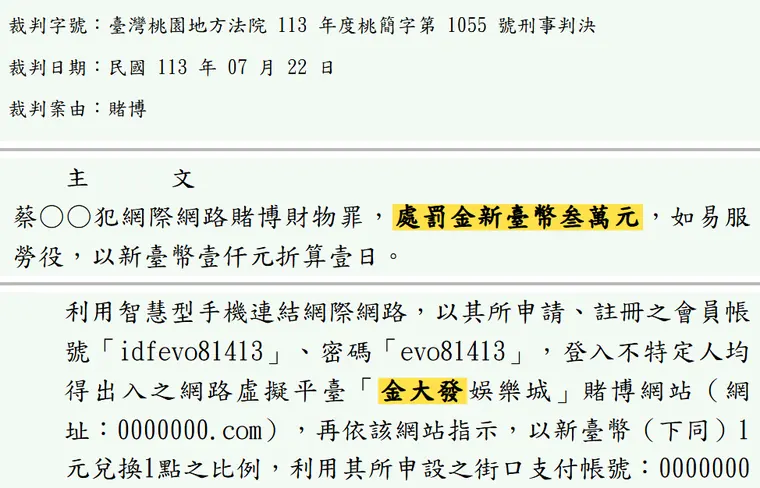 臺灣桃園地方法院113年度桃簡字第1055號刑事判決 原文截圖(被告姓名已遮)