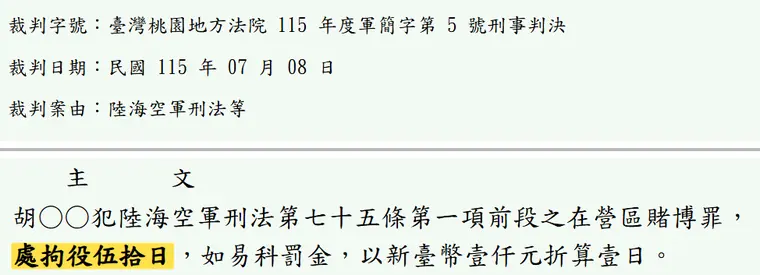 臺灣桃園地方法院115年度軍簡字第5號刑事判決 原文截圖(被告姓名已遮)